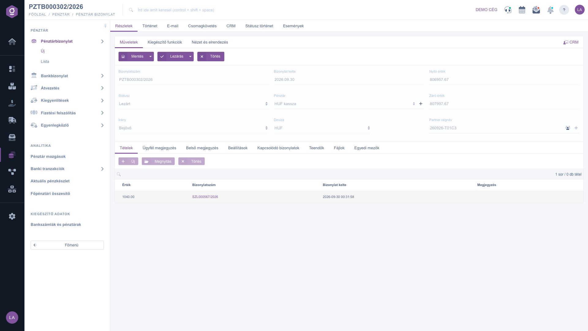 Cash register document – Actions tab and header data (Műveletek)
