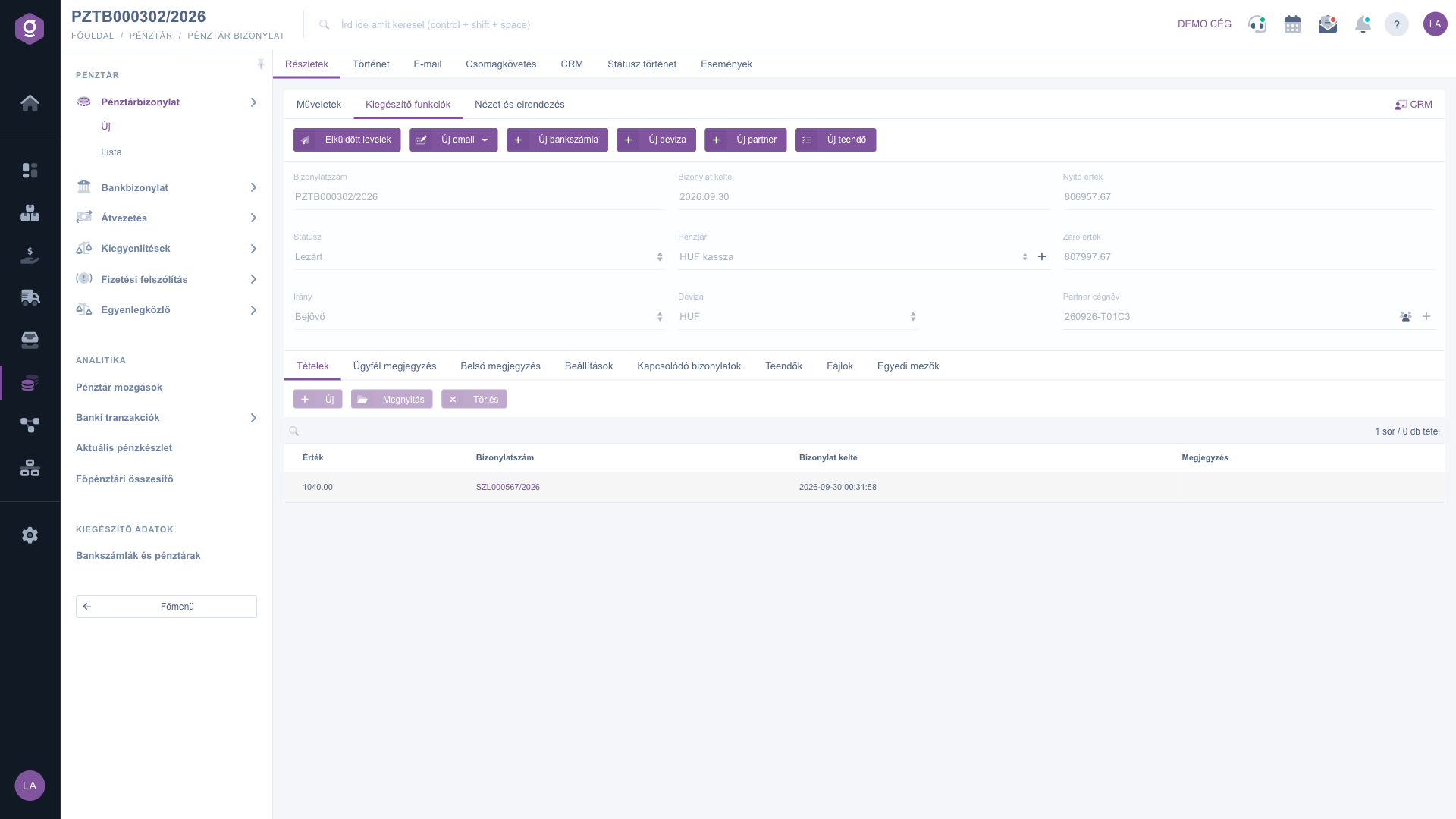 Cash register document – Additional functions tab (Kiegészítő funkciók)