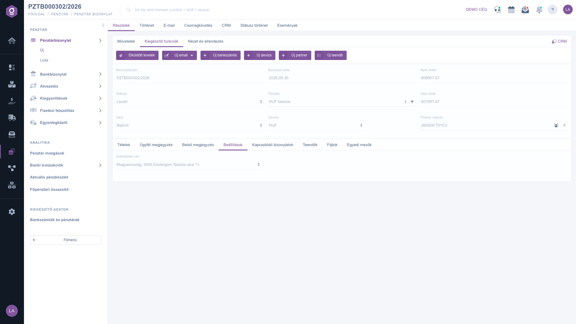 Cash register document – Settings tab (Beállítások)