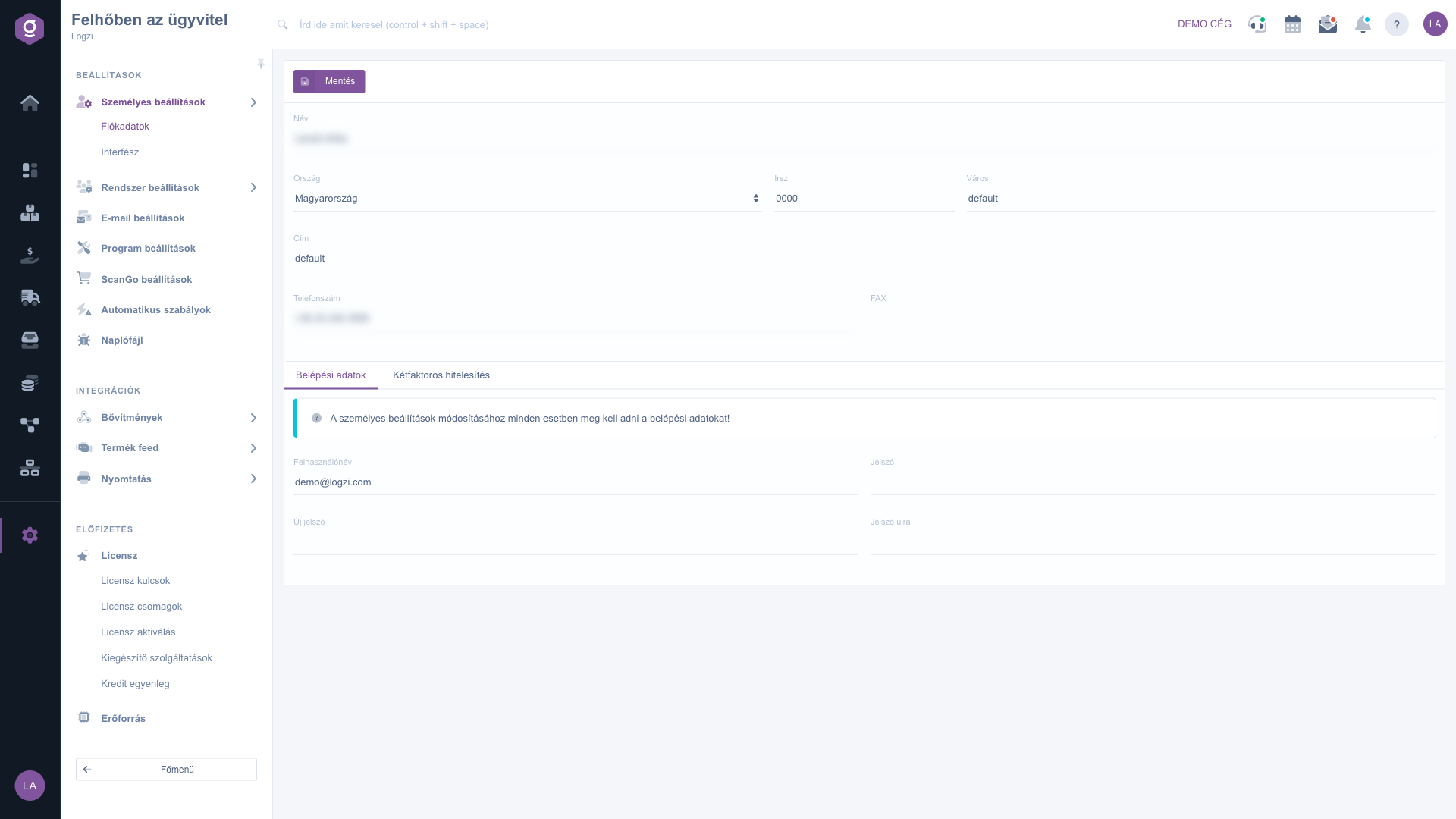 The Account data page with the Login data tab